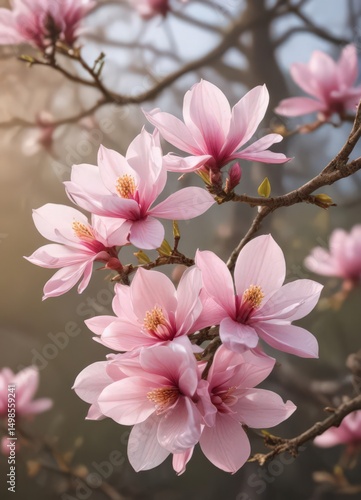 Delicate pink magnolia blossoms on a branch, soft spring light ,  blossom,  texture