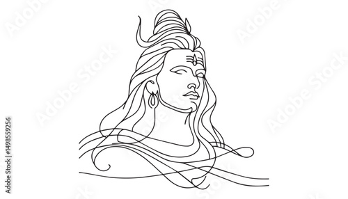 Continuous one single minimal line drawing lord shiva