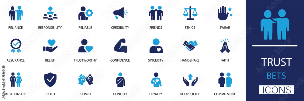 Trust icon set. A clean, solid vector collection featuring honesty, loyalty, integrity, promise, handshake, commitment, credibility, sincerity, truth, and more. Trust icon set. A clean, solid vector collection featuring honesty, loyalty, integrity, promise, handshake, commitment, credibility, sincerity, truth, and more.