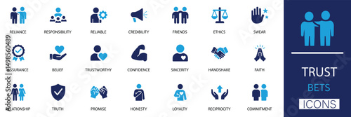 Trust & Responsibility Icon Set. Minimalist vector icons for responsibility, commitment, unity,  consistency, friend, trusted, loyalty, belief, and swear. Perfect for business and human relationships.