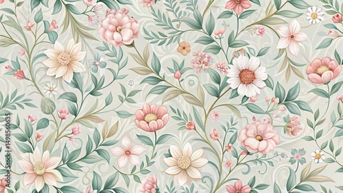 Elegant seamless floral pattern featuring blooming flowers and intricate vines in soft pastel hues, bloom, floral,  bloom