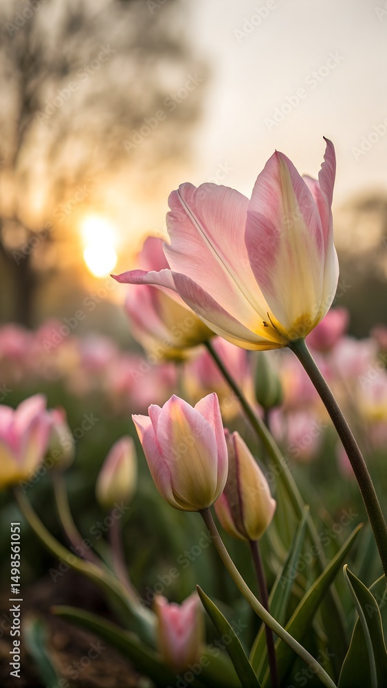 Naklejka premium Pink tulip blooms are opening in a field at sunrise, creating a beautiful soft morning scene.