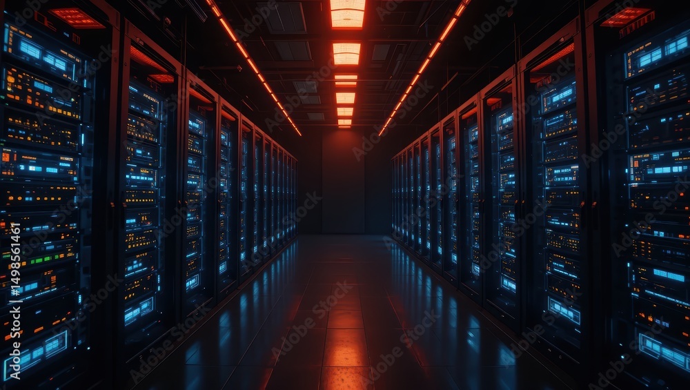 Fototapeta premium Illuminated Server Room with Rows of Data Storage Racks Featuring Blue and Red Lights