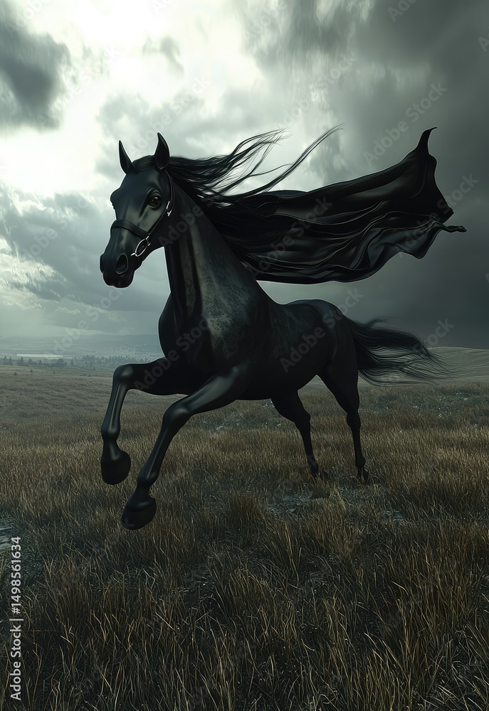 Naklejka premium A 3D superhero horse, with a flowing mane and cape, galloping across the open plains. Stock