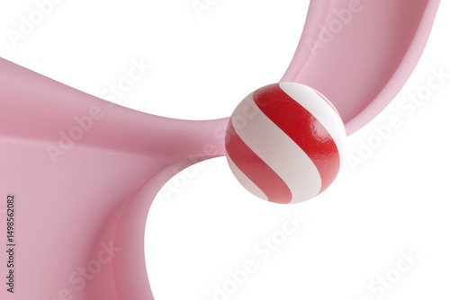 Abstract pink sculptural form with red and white striped sphere on black background, cut out