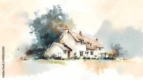 high resolution artistic watercolor of a charming countryside house with light tones and peaceful composition in faded details