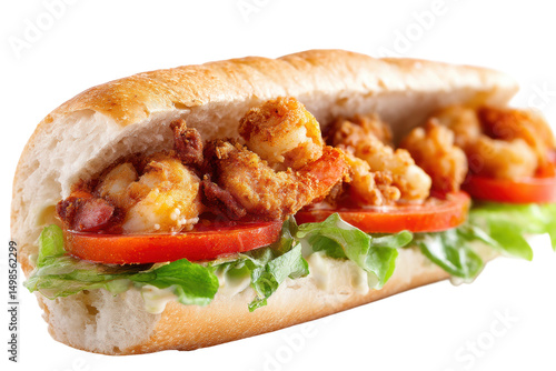 Delicious shrimp po' boy sandwich with lettuce and tomato on baguette, cut out