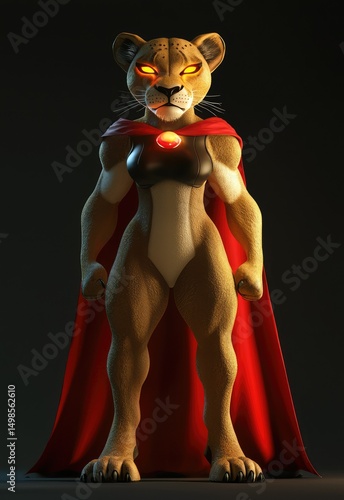 A 3D superhero lioness, fierce and powerful, with a red cape and glowing eyes, standing ready for battle. Stock