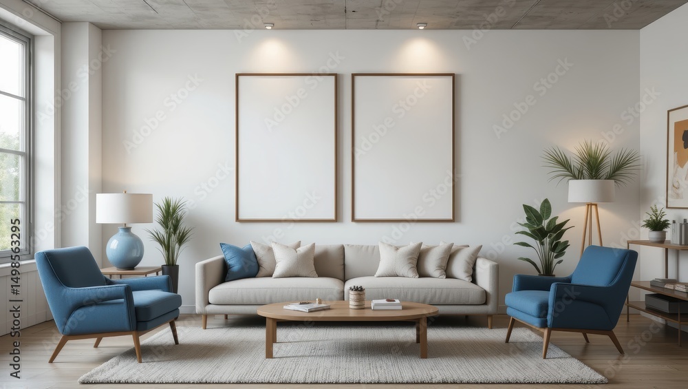 Fototapeta premium Modern Minimalist Living Room with Cozy Sofa and Stylish Armchairs Surrounded by Natural Light