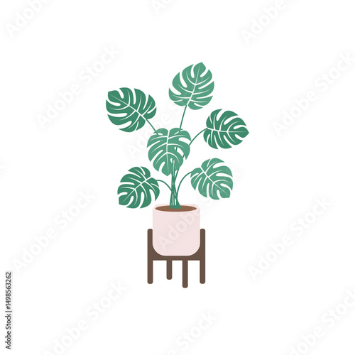 Monstera Plant in Pot with Wooden Stand – Flat Vector Houseplant Illustration