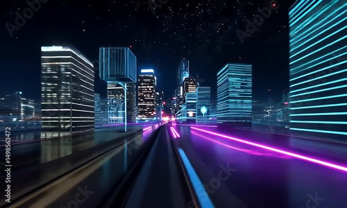 Futuristic city street at night with vibrant neon light trails