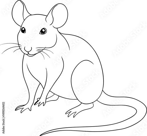 Outlined cute mouse with long tail sitting in plain white background style