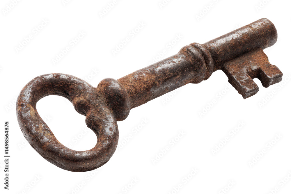 Obraz premium Antique rusty iron key on black background, cut out