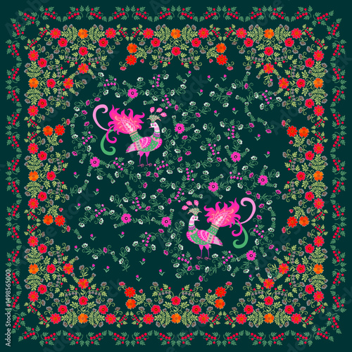 A delightful print for a scarf, tablecloth, napkin, pillow or carpet. Vintage pattern. Folk flowers and berries and fairy birds on a deep green background. Decorative frame.