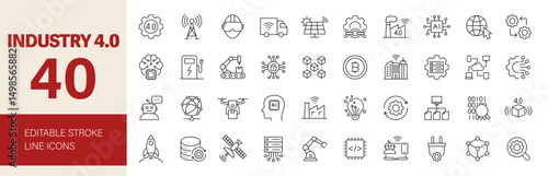 Industry 4.0 icon set. Containing automation, smart industry, technology, cloud computing, IOT, system integration, big data and more. Editable line icons. Vector illustration.