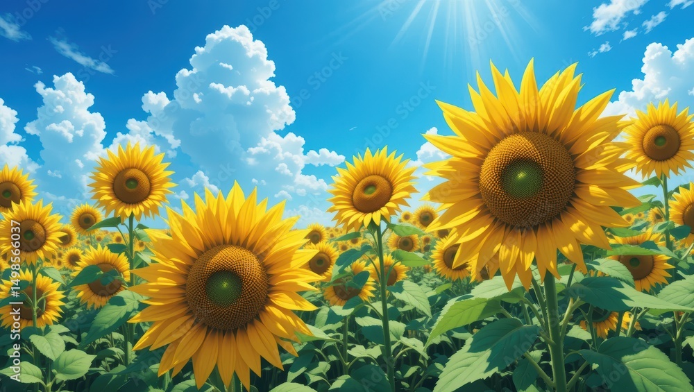 Obraz premium Vibrant Sunflower Field Under a Bright Blue Sky with Fluffy White Clouds in Summer