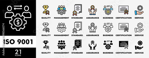 ISO 9001 icon set with various styles and colors