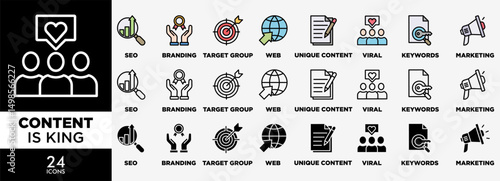 CONTENT IS KING icon set with various styles and colors