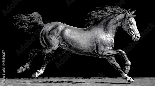an expressive portrayal of a horse in motion engraved in black and white revealing energy strength and timeless natural beauty