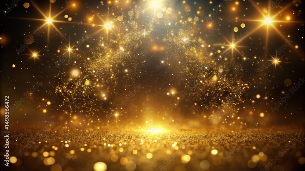 Naklejka premium Mystical atmosphere with golden glow on dark background featuring small gold particles scattered in random directions, cosmic scene, shimmering effect