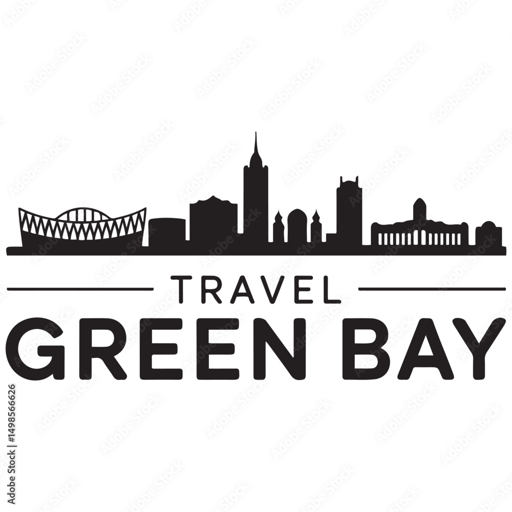 Vector Green Bay skyline. Travel Green Bay famous landmarks. Business and tourism concept for presentation, banner, web site. Vector black silhouette. with white background Vector Green Bay skyline. Travel Green Bay famous landmarks. Business and tourism concept for presentation, banner, web site. Vector black silhouette. with white background