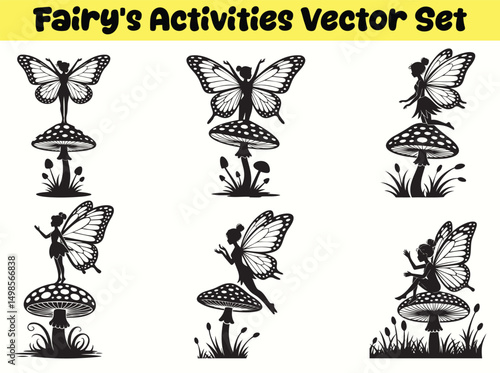 Fairy Silhouette Illustrations with Butterfly Wings and Mushrooms Magical Woodland Fantasy Art for Crafts Decorations and Storybook Designs