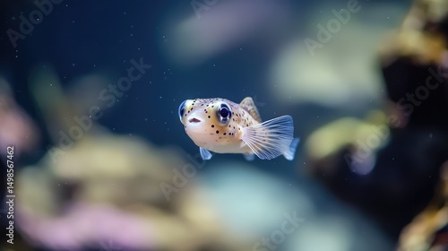 A baby pufferfish hovering near a coral ledge