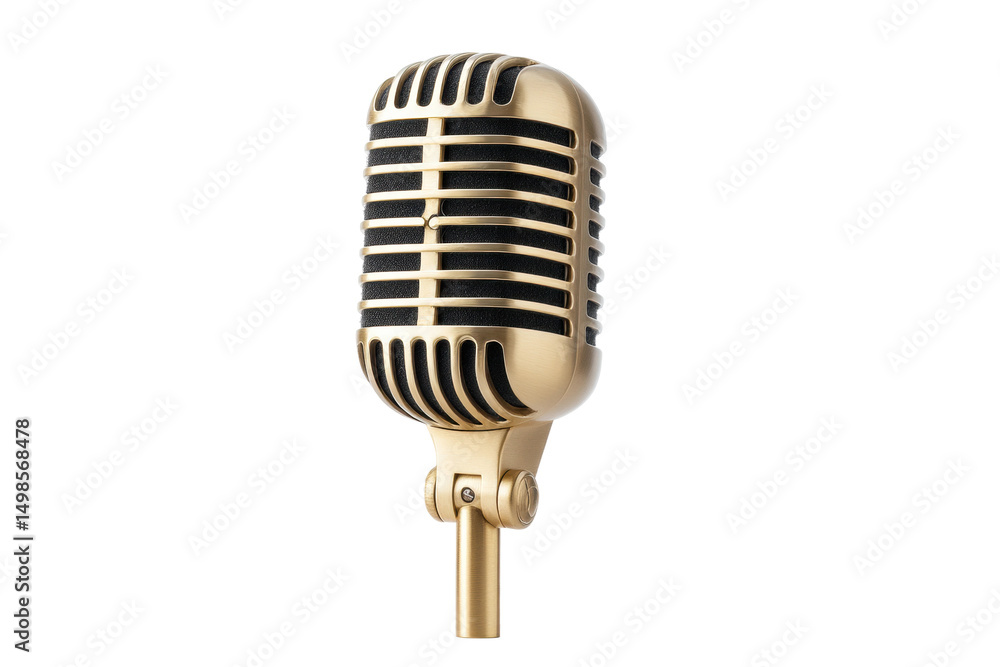Fototapeta premium Vintage golden microphone on stand isolated on white background, cut out
