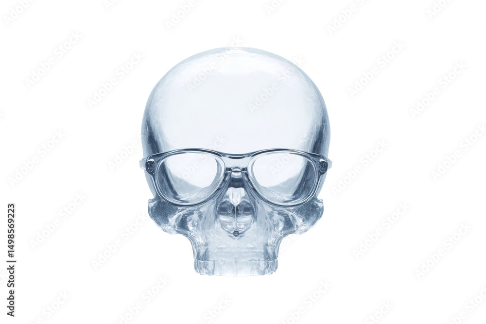 Obraz premium Clear glass skull wearing eyeglasses on white background, cut out