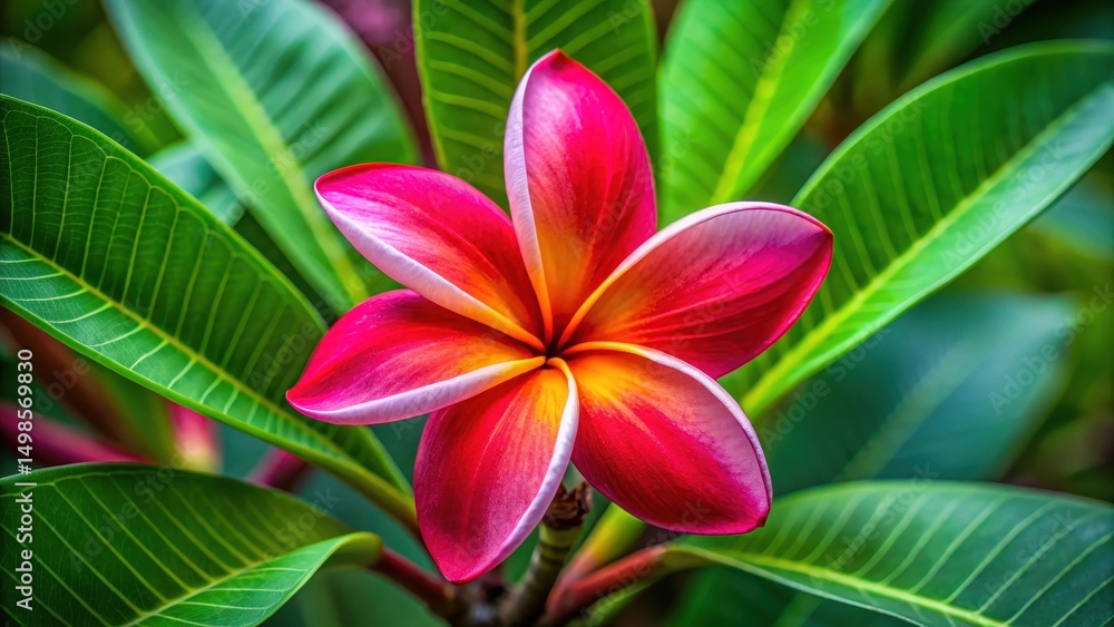 Fototapeta premium Vibrant red frangipani flower with delicate white and yellow markings, surrounded by lush green leaves in a close-up shot, showcasing its unique beauty , delicate petals, flowers