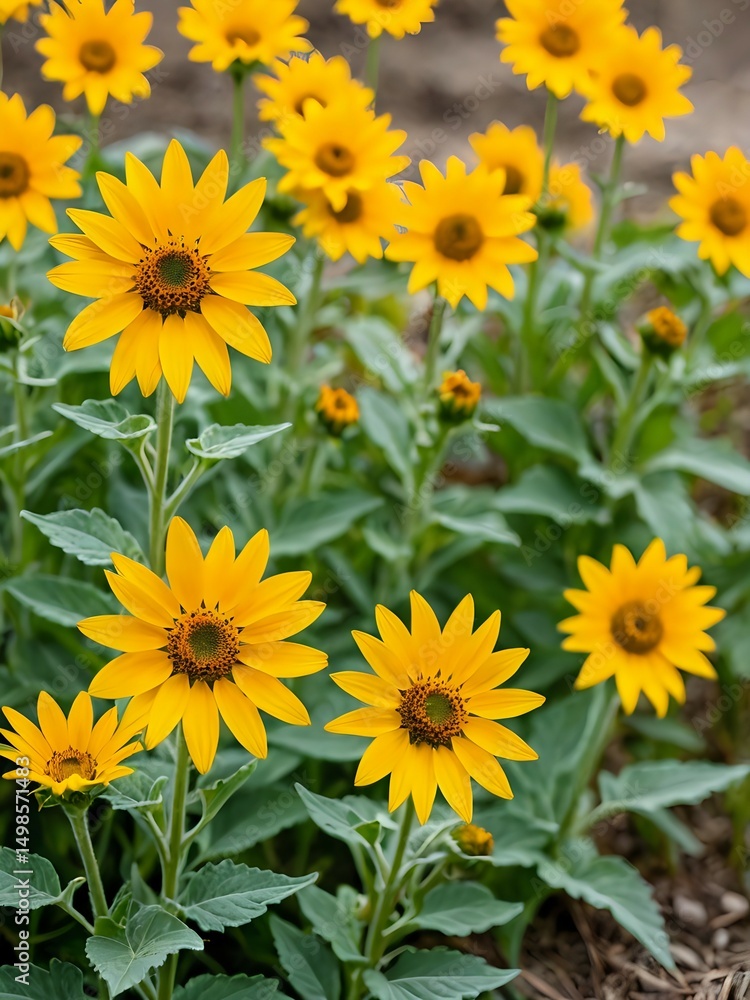 Fototapeta premium Yellow sunflower plants growing healthily in well-tilled soil with lush green leaves and full blooms. Agriculture concept 