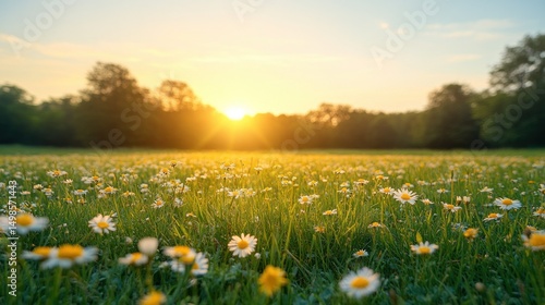 Sunset over a field of daisies. Lush green grass dotted with wildflowers