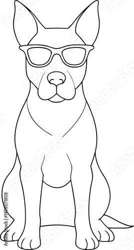 Outlined cool dog wearing sunglasses is sitting and facing forward with transparent background