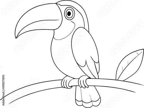 Outlined cartoon toucan perches gracefully upon a branch near a simple leaf artfully