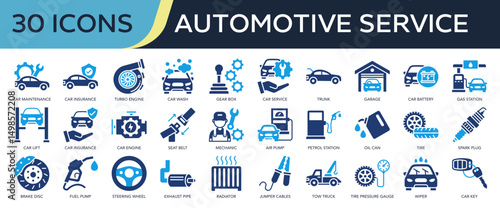 Collection of Automotive Service icons, related to car maintenance, car Service, car wash, car insurance, car parts and more. Color fill icons vector illustation.