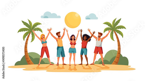 A moment of pure exhilaration and serene beauty captured on a sun-kissed beach at twilight. Five friends unite in a vibrant display of companionship, their joyous smiles reflecting the radiant glow