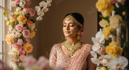 A woman in a pink bridal outfit, surrounded by flowers