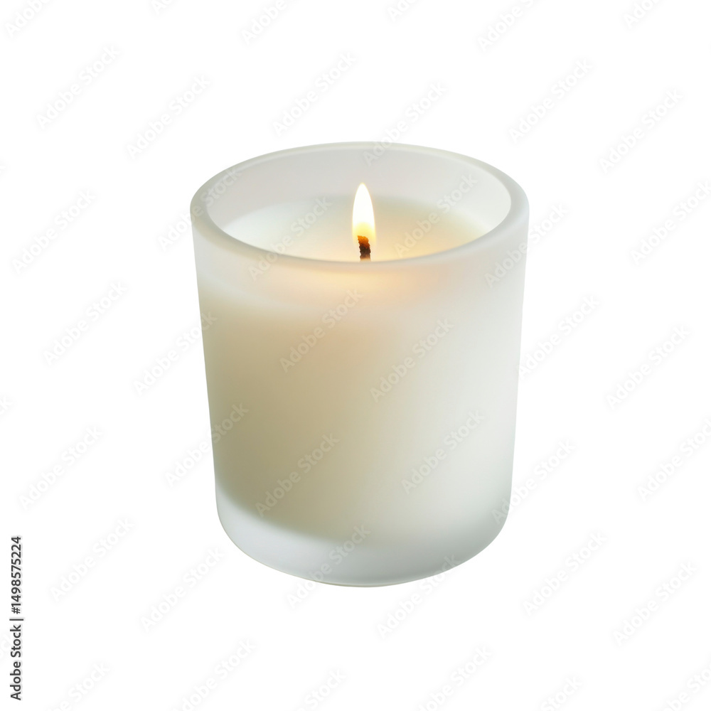 Lit White Candle in Glass Jar, Peaceful Atmosphere, Home Decor Lit White Candle in Glass Jar, Peaceful Atmosphere, Home Decor