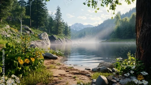 Serene landscape misty lake and trees tranquil nature scene
