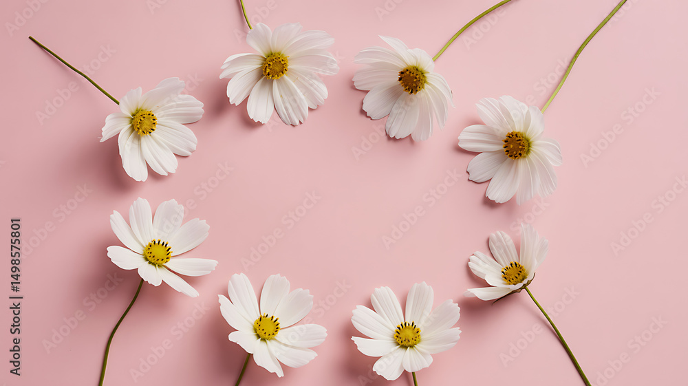 Obraz premium Delicate white cosmos flowers arranged in a loose circular pattern on blush pink paper with natural lighting in a serene style