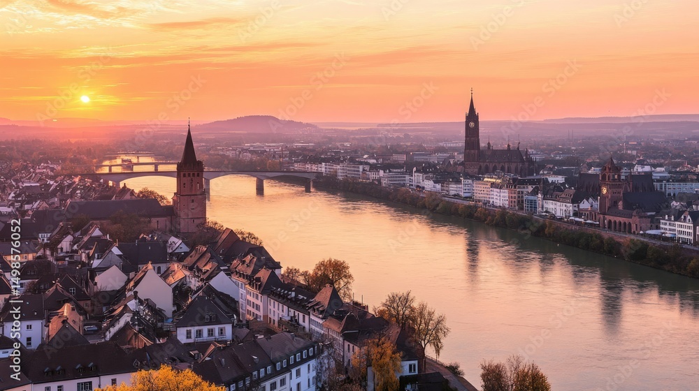 Naklejka premium Sunset Panorama of Heidelberg, Germany: A Breathtaking View of the Altstadt and Neckar River
