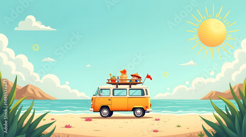 A charming vintage van resting gracefully on a golden sandy beach under a broad, clear blue sky. The van’s distinctive orange and white design exudes a retro allure that instantly transports
