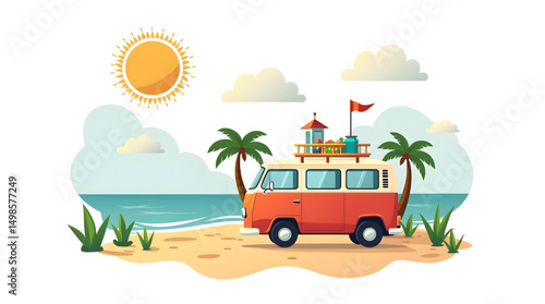 A vibrant and cheerful scene of a red car parked on a sandy beach, with the ocean stretching out in the background under a bright blue sky. The car is loaded with various items on its roof