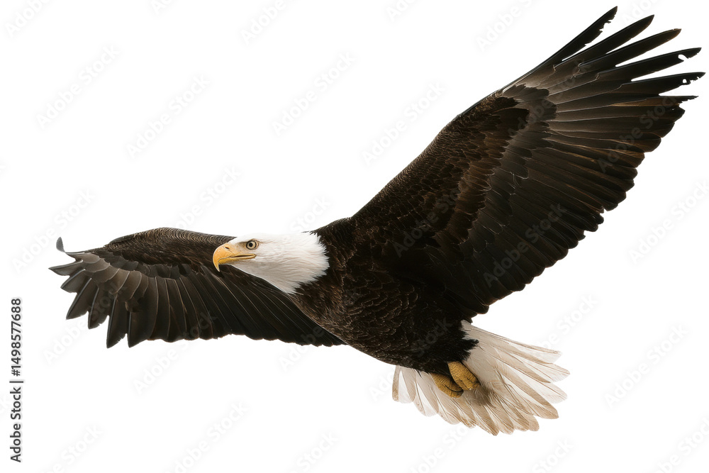 Fototapeta premium Bald eagle in flight with outstretched wings and intense gaze, cut out
