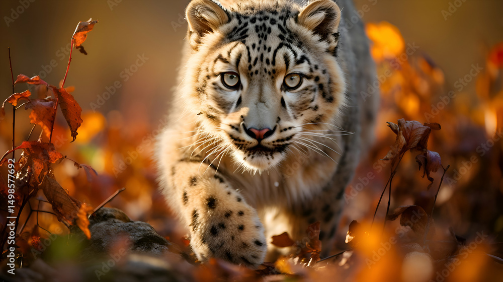 Obraz premium Snow Leopard in Autumn Forest