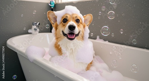 A corgi in a bubbly bath