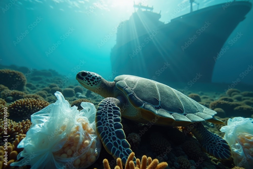 Obraz premium Sea Turtle and Plastic Pollution: A sea turtle swims near a shipwreck, surrounded by plastic waste in the ocean. The image highlights the issue of marine pollution and its impact on wildlife.