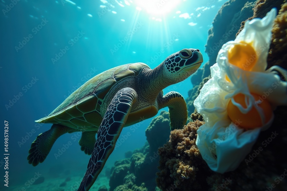 Fototapeta premium Ocean's silent plight: A serene turtle glides through a sun-dappled sea, juxtaposed by the stark contrast of a floating plastic bag.