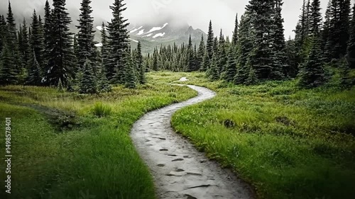 Winding path through lush green forest tranquil nature video footage