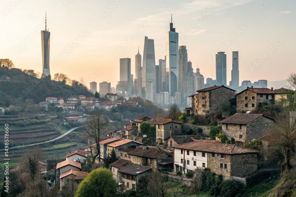 Obraz premium Village to Futuristic City Urban Transformation Skyline